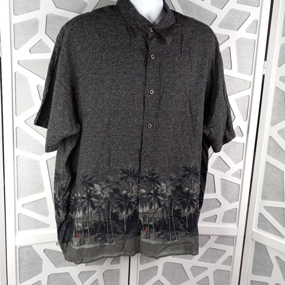 Natural Issue Silky Touch XXL Border Print Button Front Hawaiian Shirt Gray